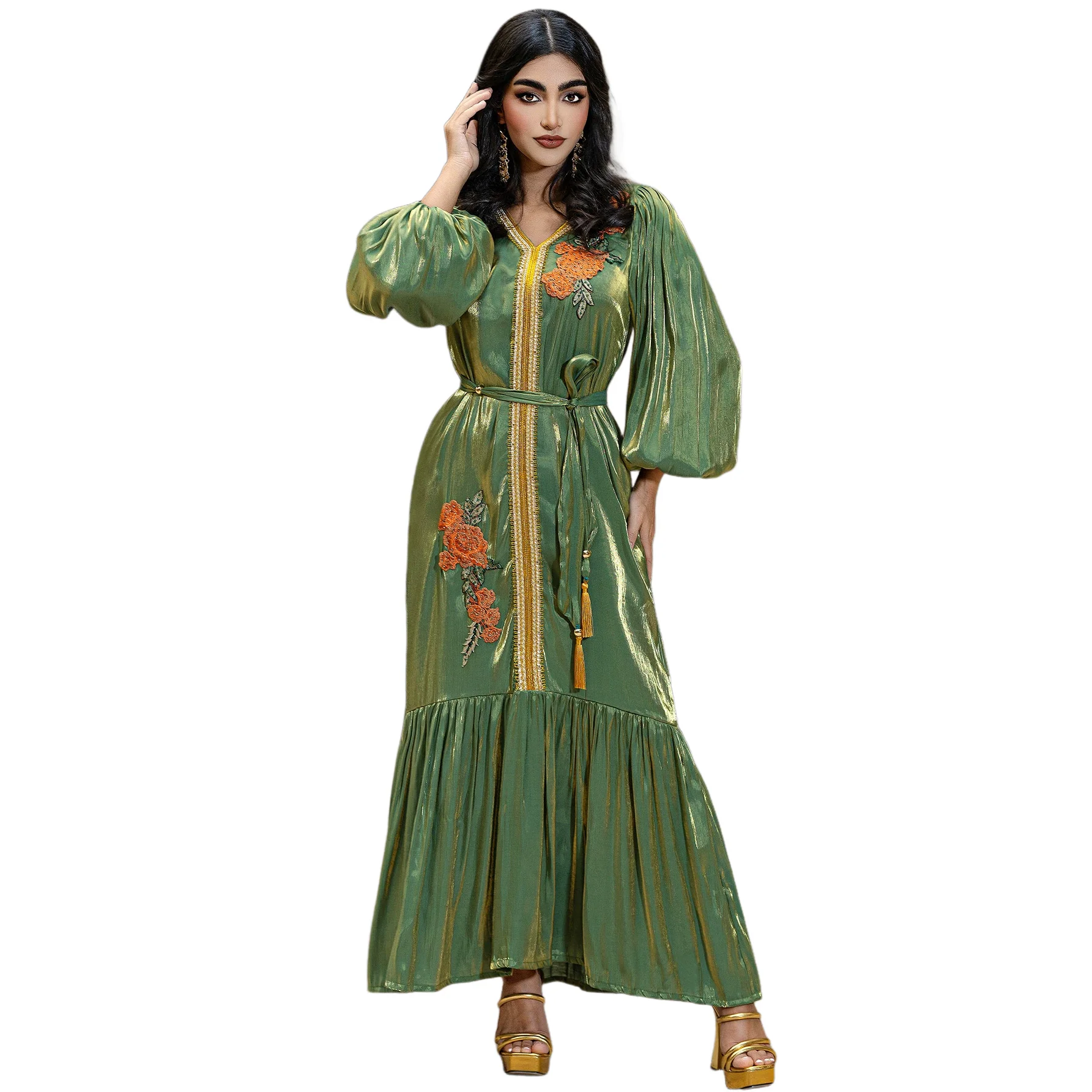 

2026 Dubai Shiny Muslim Abaya Dress with Floral Embroidery and Belt Maxi Robe for Elegant Women Moroccan Femme Turkey Party Gown