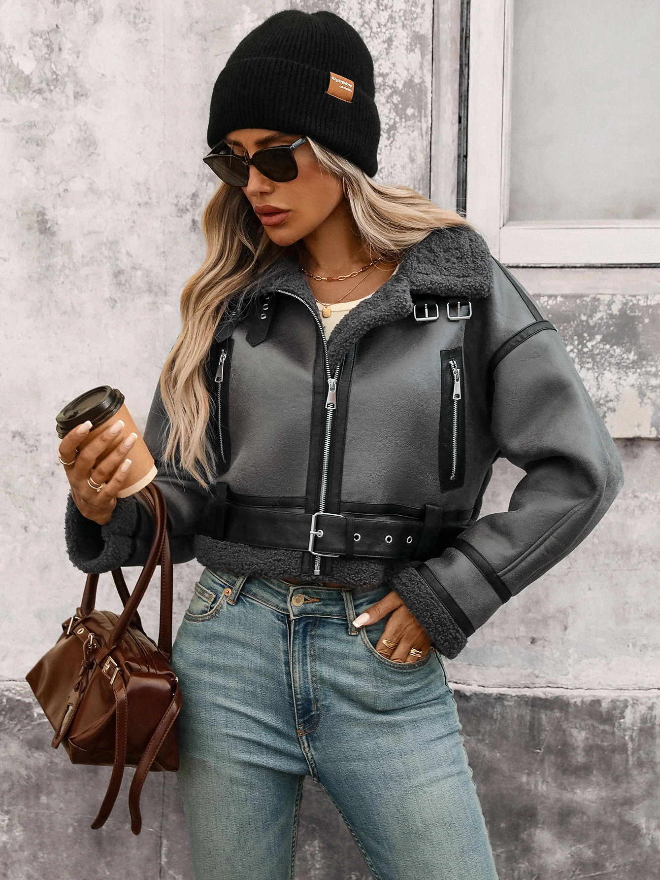 الشتاء النساء فو لامب الفراء سترة قصيرة التلبيب سستة منفذها معطف الطيار