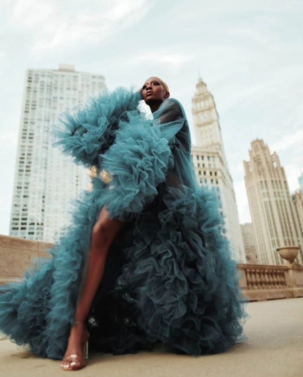 Fashion and Hot Teal Tulle Photoshoot Dresses Long Sleeve Ruffles Open Front Party Dress Women Robes Bridal Dressing Gown