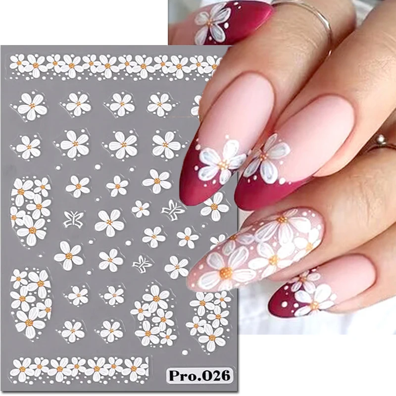 

5D Embossed Nail Art Decals Elegant White Petals Flowers French Tips Adhesive Sliders Nail Stickers Decoration Manicure