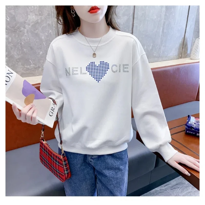 Women\'s Clothing Spring Autumn Round Neck Pullover Lantern Long Sleeve Geometric Rhinestone Casual Loose Screw Thread Tops