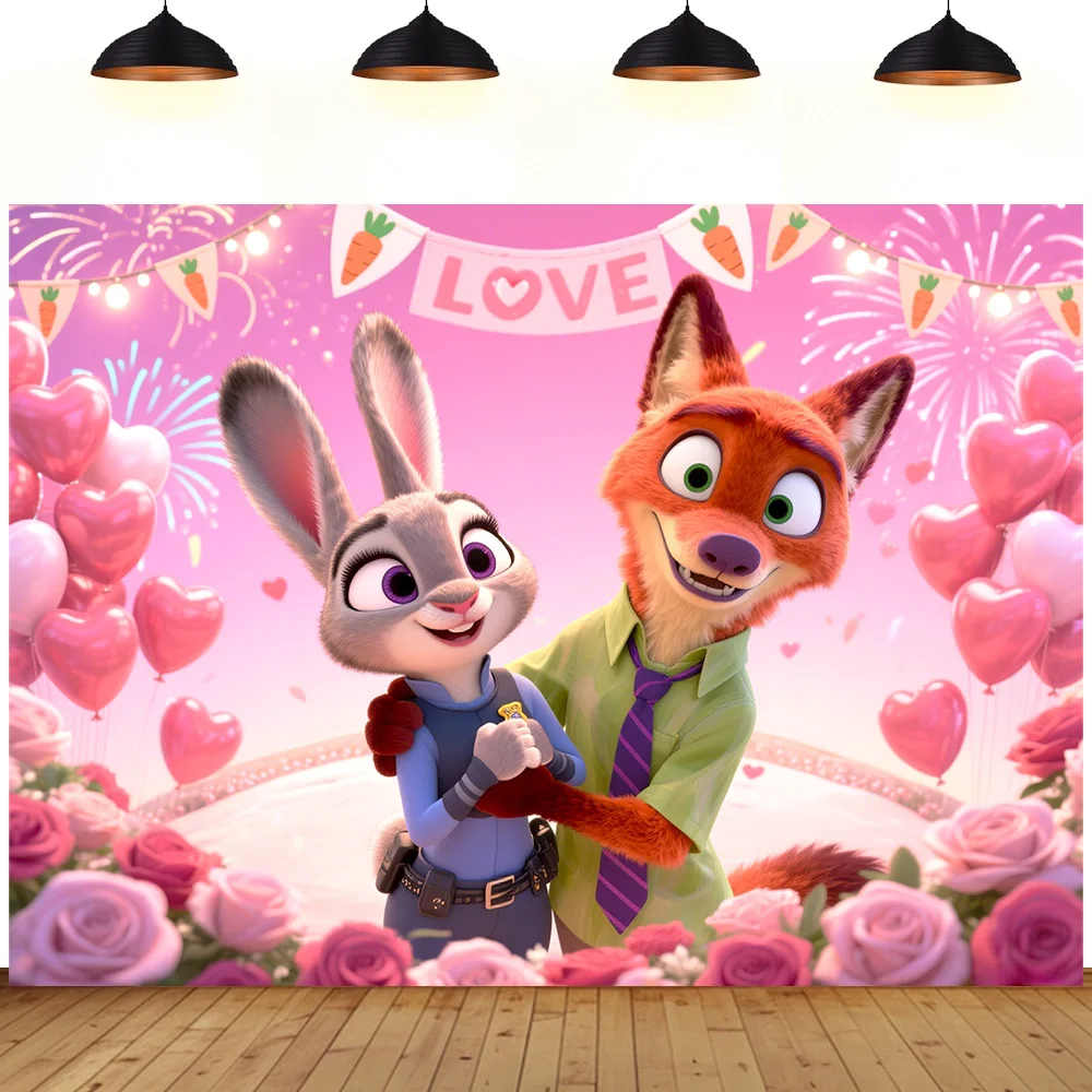 

Zoo wedding background Judy rabbit fox topia Valentine's Day love pink white cartoon Photo decoration photography background