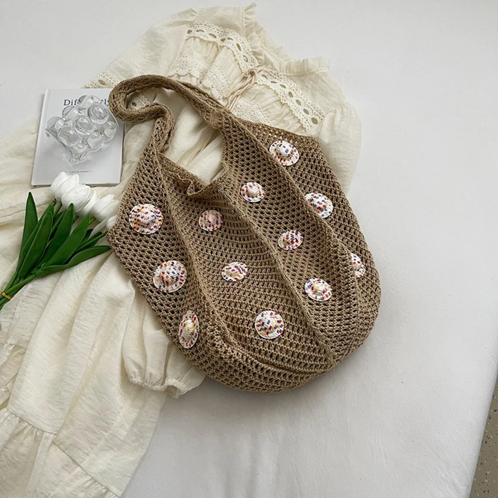 

Casual Sweet Woven Beach Bag Large Capacity Hollow Out Knitted Handbag Lazy Style Soft Shopping Bag Summer