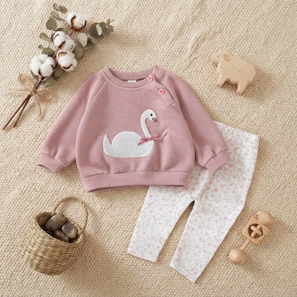 Baby Girls Swan Embroidery Long Sleeve Sweatshirt Floral Print Pants 2Pcs Set Toddler Infant Spring Autumn Outfit