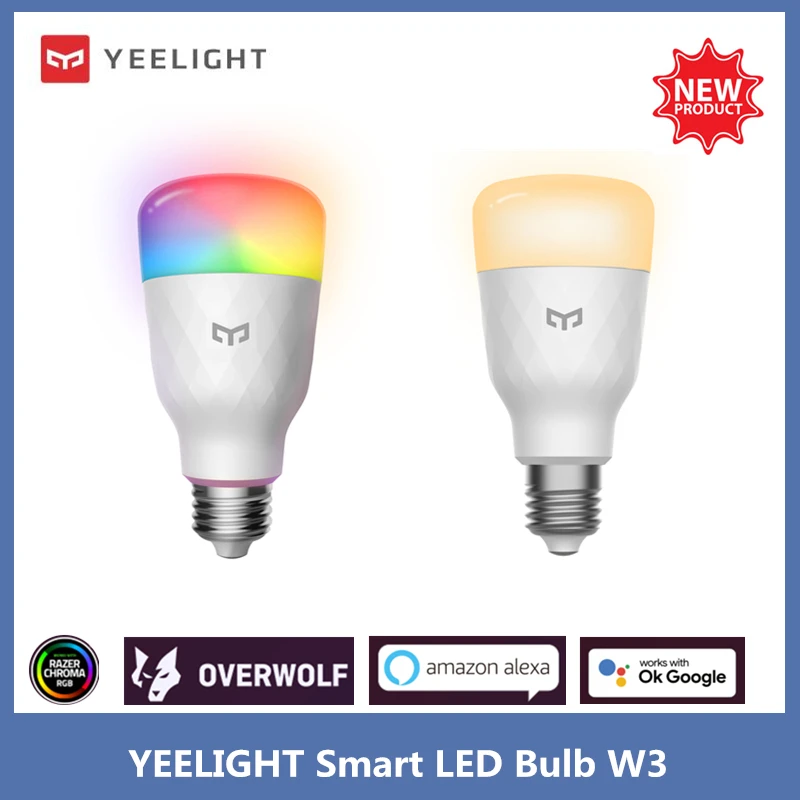 Yeelight 스마트 LED 전구 W3 색상/밝기 조절 따뜻한 흰색 분위기 램프 라이트, E27 음성 제어, 샤오미 미 홈 구글 홈 