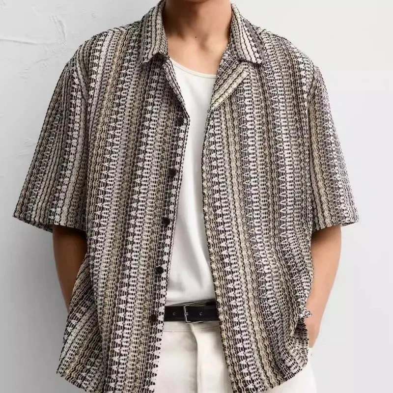 

Summer 2026 Men's Vintage Loose Casual Stripe Texture ort Sve irt Top Breathable Skin-friendly Regular Length