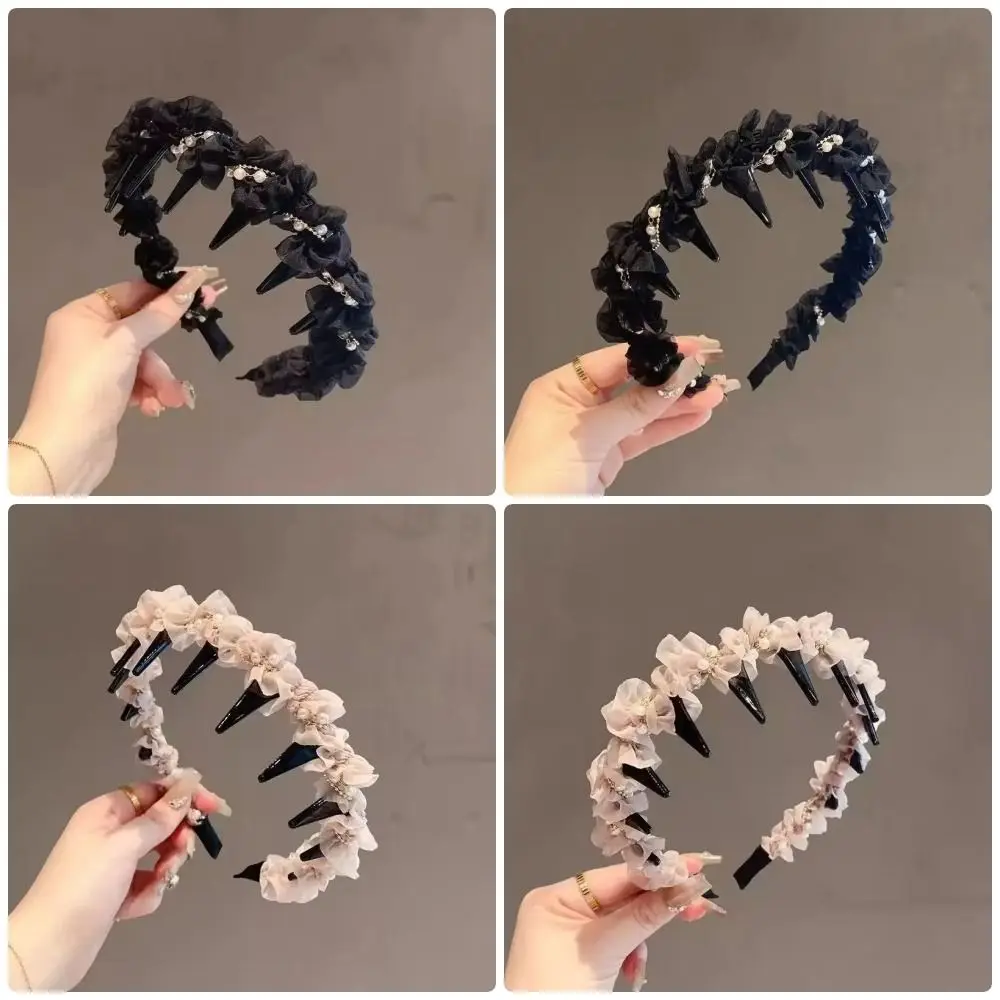 1Pcs Durable Black Lace Mesh Headband U Shape Pearl Shiny Hair Hoop Non-slip Sweet Ruffle Hairband For Women Girls