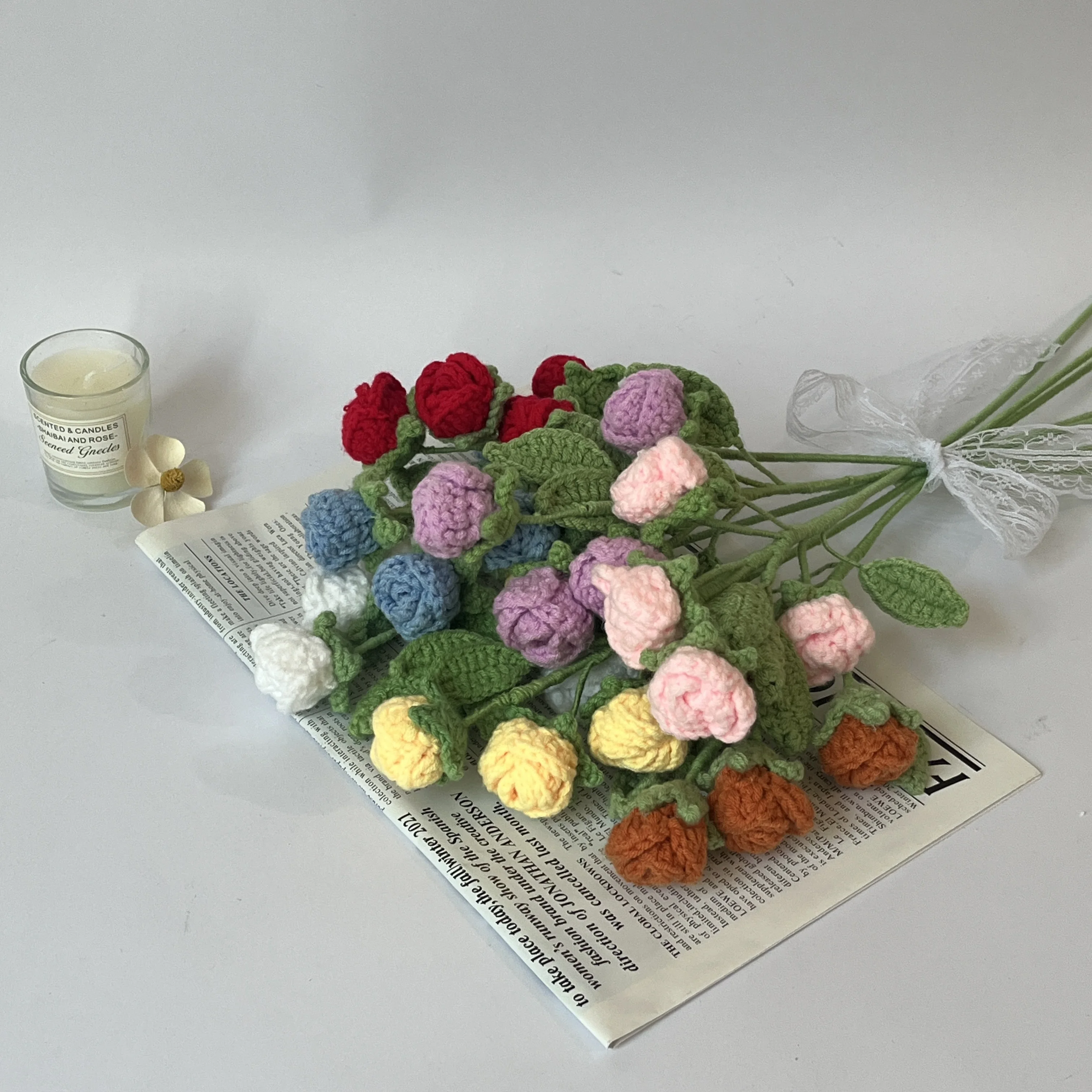

Handmade Decoration Multi Headed Flower Woven Roses Crochet Rose For Home Table Wedding Artificial Flower Floral Bouquet Gifts
