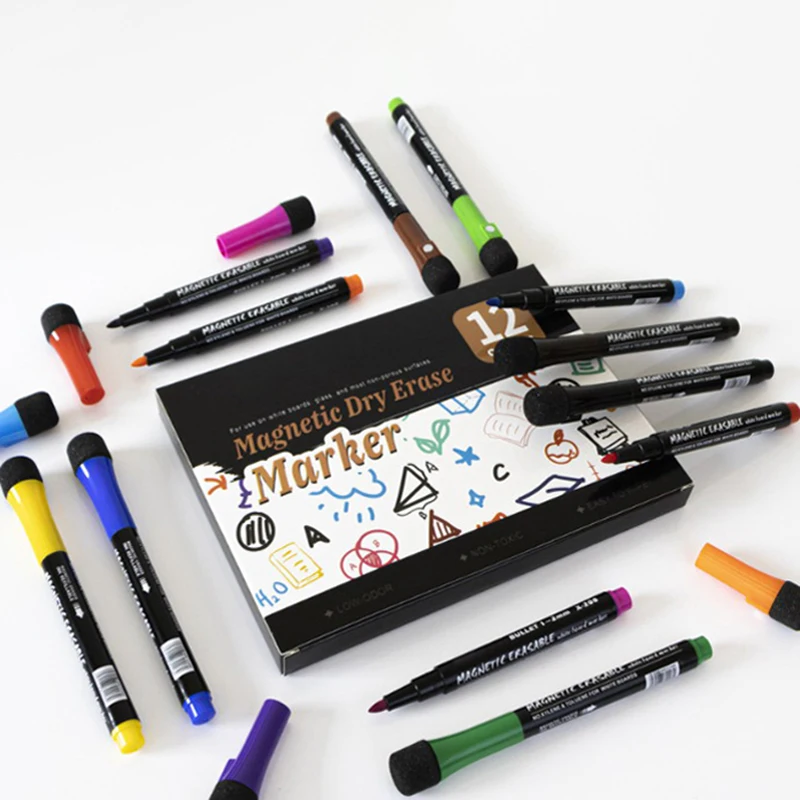 1 Set 12 Kleuren School Klaslokaal Whiteboard Pen Sneldrogend White Board Markers Ingebouwde Gum Kinderen Tekening Pen Briefpapier