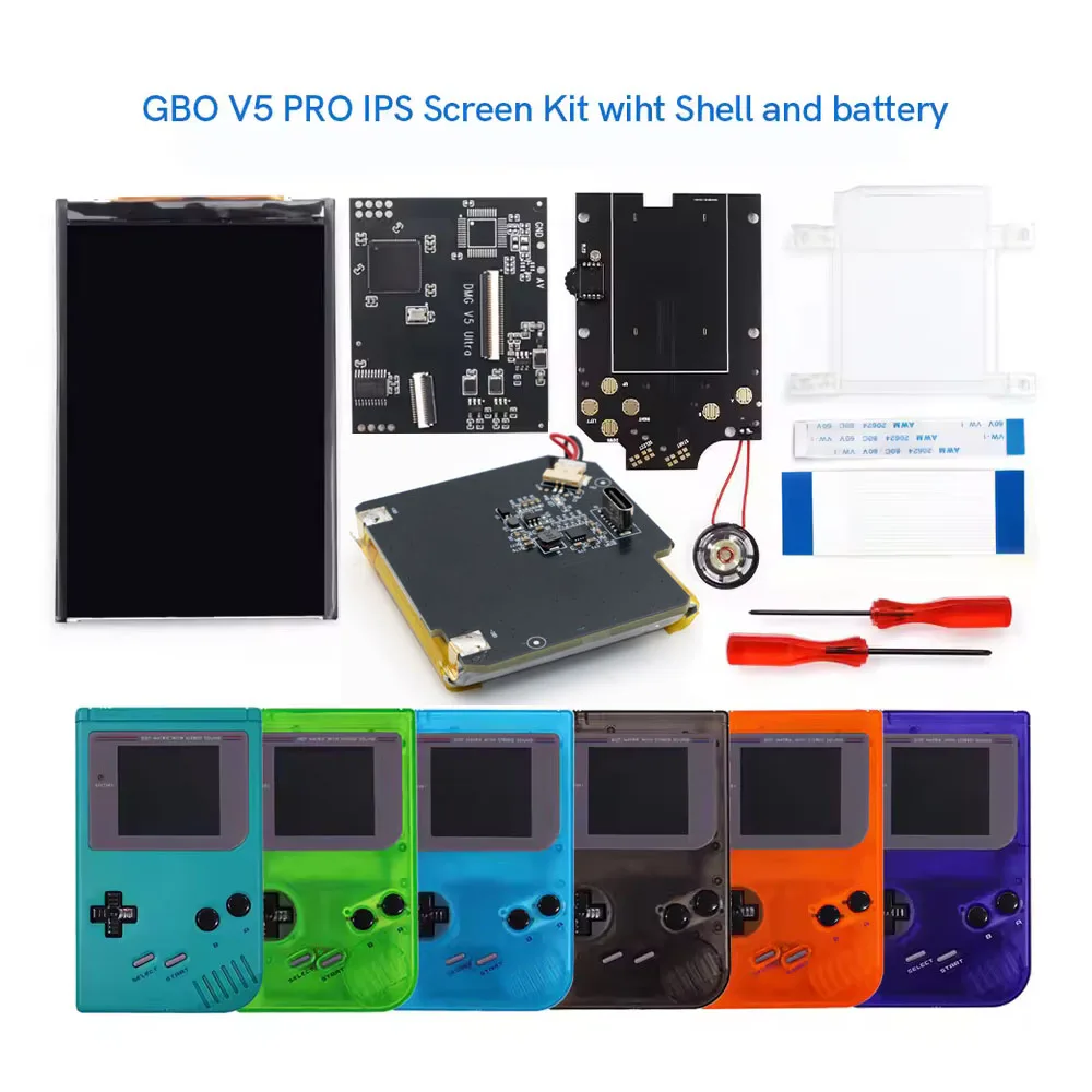 شاشة IPS V5 Pro لـ GBO DMG 01 بدائل عالية السطوع مجموعات بطارية LCD من النوع c مع مبيت شل مقطوع مسبقًا لـ GameBoy