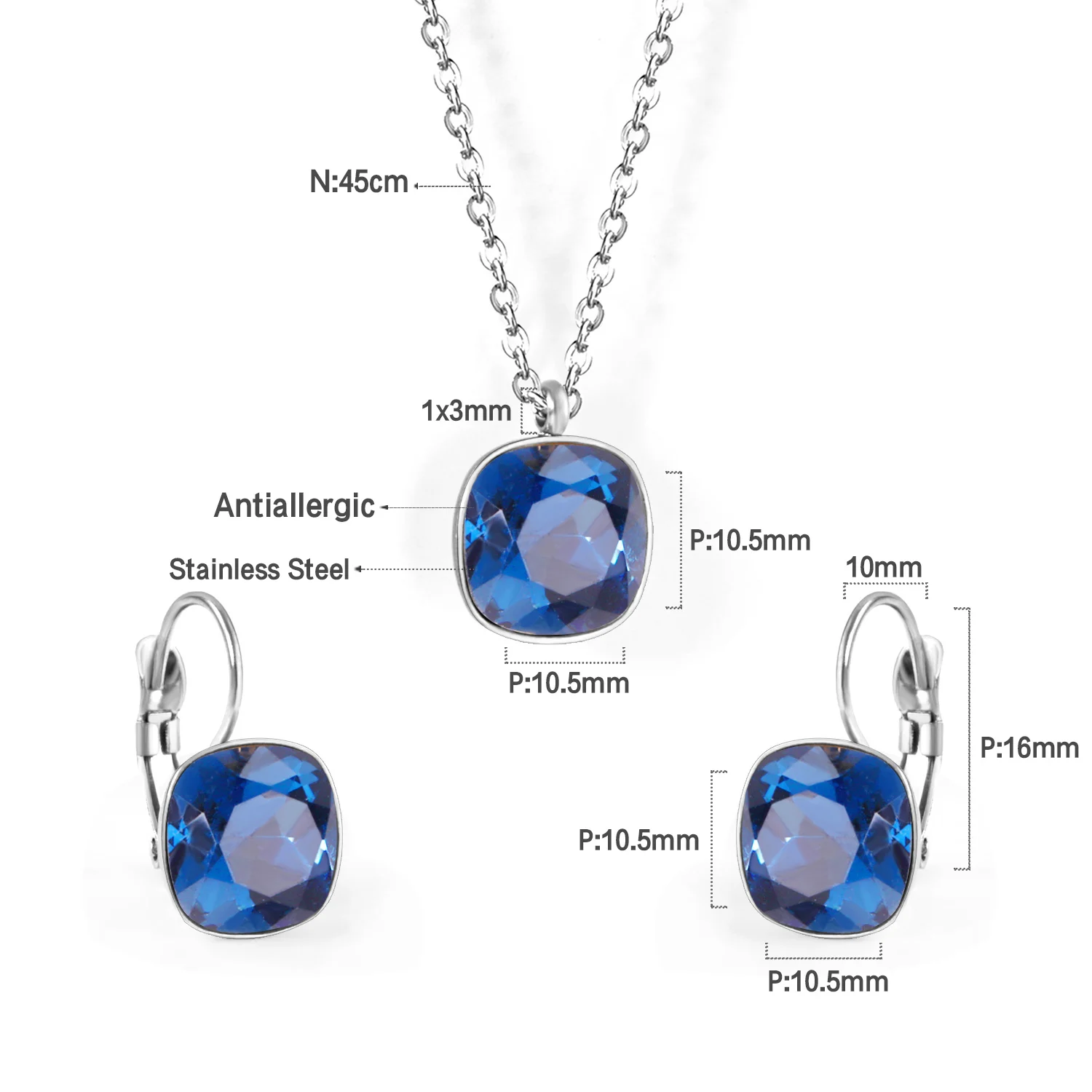 Square Zircon Necklace & Earring Set, Minimalist Elegant Jewelry