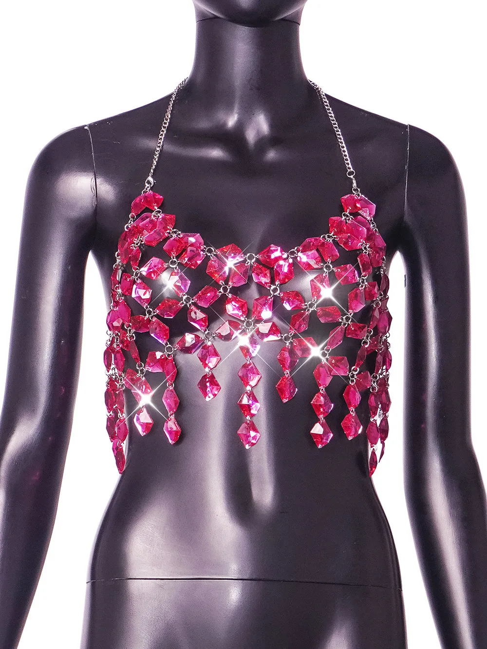 2024 hot pink Rhinestone Tassel Breast Chain Backless Halter Camis Tops Dance Show Sexy Night Clubwear Diamonds Body Jewelry