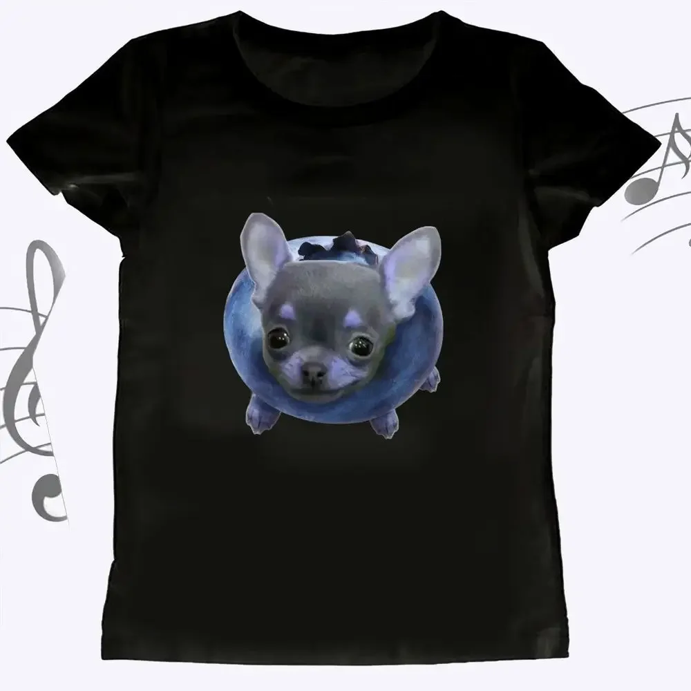 Chihuahua Blueberry Graphic Tee Women's Dopamine Bright Color Tee Summer Short Sleeve Funny Meme Print Vintage Female Casual Top