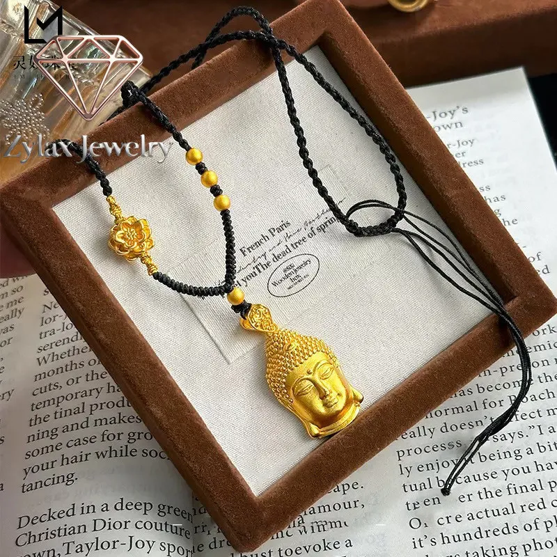 Zylax Jewelry Buddha Head Pendant Women's 24K Gold AU999 - Embossed Buddha craftsmanship, low-key Zen style, for office days