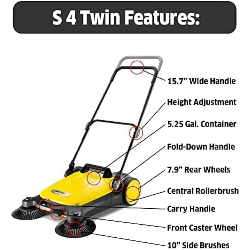 Twin Walk-Behind Outdoor Hand Push Sweeper - 5.25 Gallon Capacity - 26.8" Sweeping Width - Sweeps up to 26,000 ft²/Hour