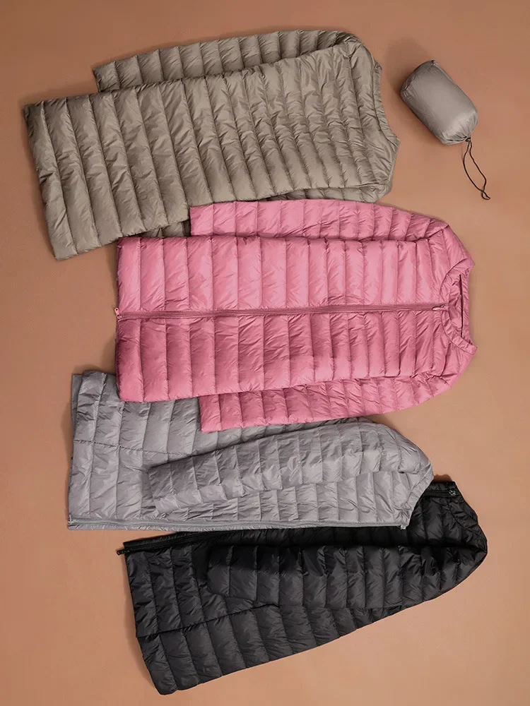 Abrigo-Chaqueta acolchada sin cuello con cuello redondo de estilo coreano de otoño/invierno con forro de plumas cálido nuevo plumón de pato largo ultraligero para mujer