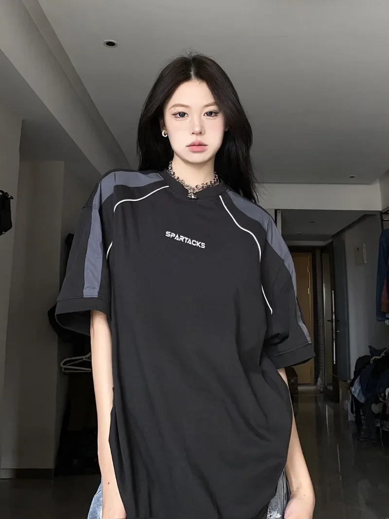 Vintage Black T-shirts Women Oversized Cyber Y2k Korean Streetwear Short Sleeve Tees Hip Hop Style Female Tops Techwear