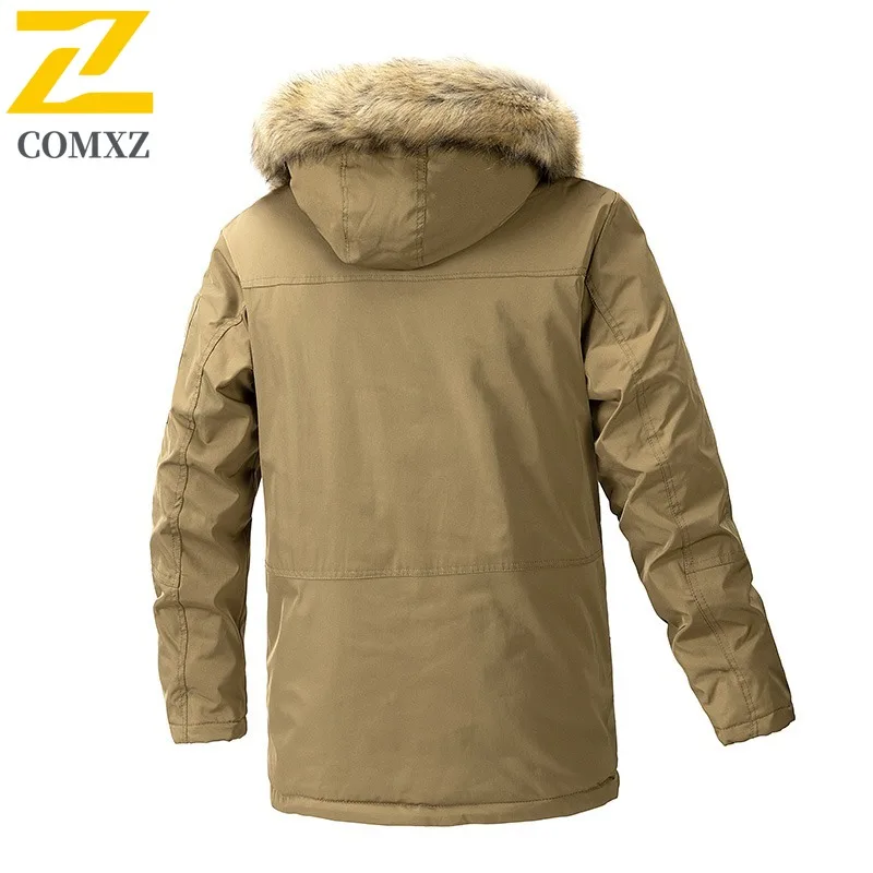 COMXZ 2025 Mens Korean Style Thickened Hooded Fleece Long Winter Jacket Waterproof And Windproof Warm Tactics Sport Trench coat
