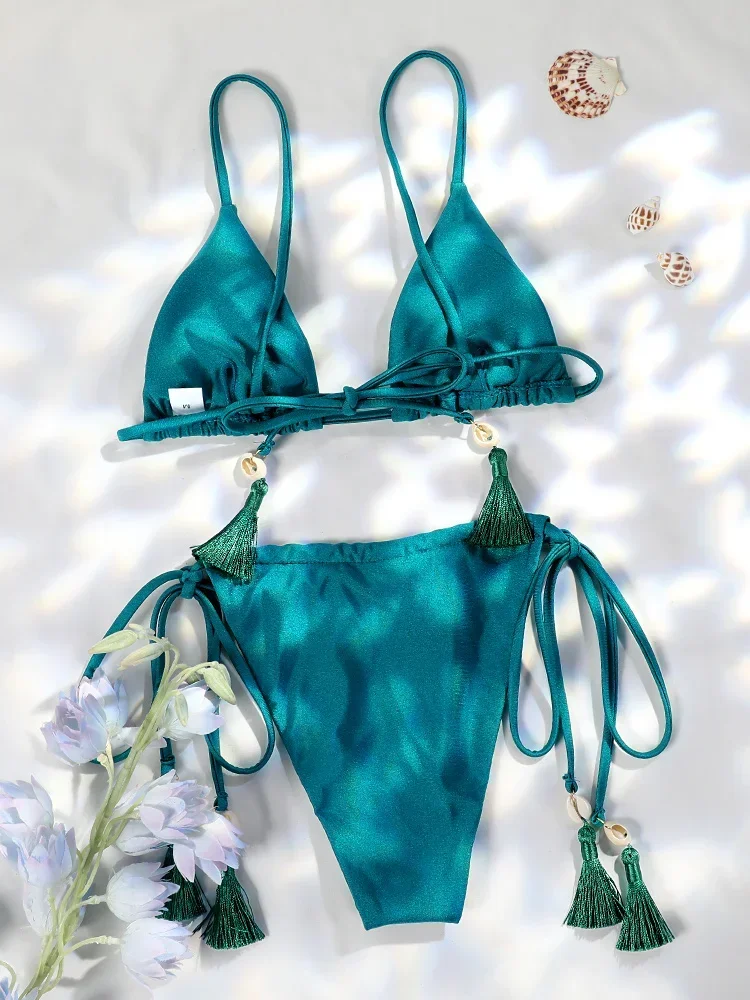 مثير قذيفة الأخضر بيكيني سلسلة بحر مثلث ملابس السباحة للنساء الصلبة المايوه قطعتين Biquini منخفضة الخصر ملابس السباحة