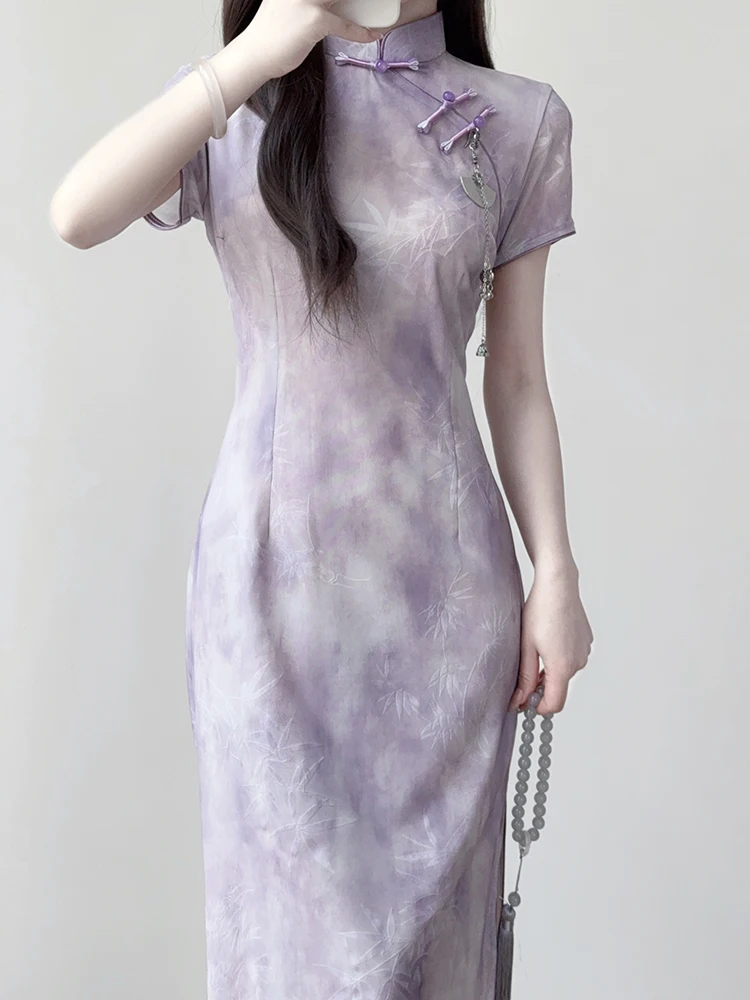 

Элегантное фиолетовое женское платье-ципао в китайском стиле, высококачественное, новое, длинное, для женщин