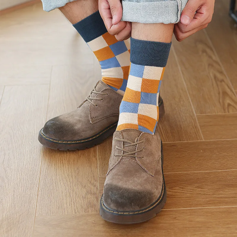 Autumn Winter English Style Pure Cotton Socks Men with Colored Plaid High Quality Men\'s Socks 20901