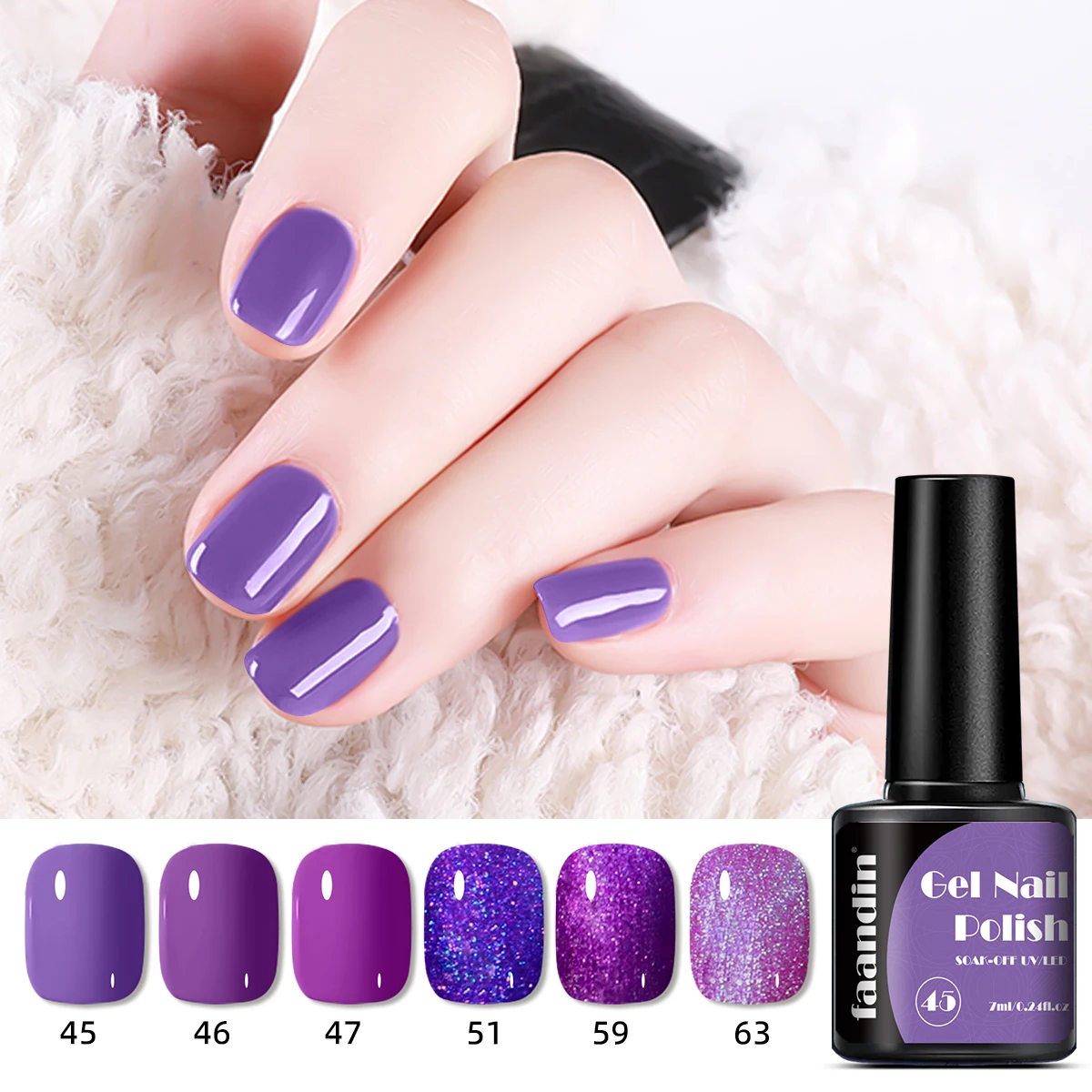 زجاجة Faandin 7 مل 1، طلاء أظافر جل بلون موحد، جل طلاء أظافر من سلسلة أرجوانية مختارة، مصباح الأشعة فوق البنفسجية سريع الجفاف، خالي من الكحول، لون كامل، ليس من السهل تشبع عالي، سهل التشبع في المنزل، يمكن استخدامه في صالونات الأظافر العناصر الأساسية، والمواعدة،