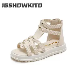 Kids Summer Sandals for Girls 2023 New Versatile Korean Style PU Soft Non-slip Flat Casual Weave Gladiator Sandals Princess Soft