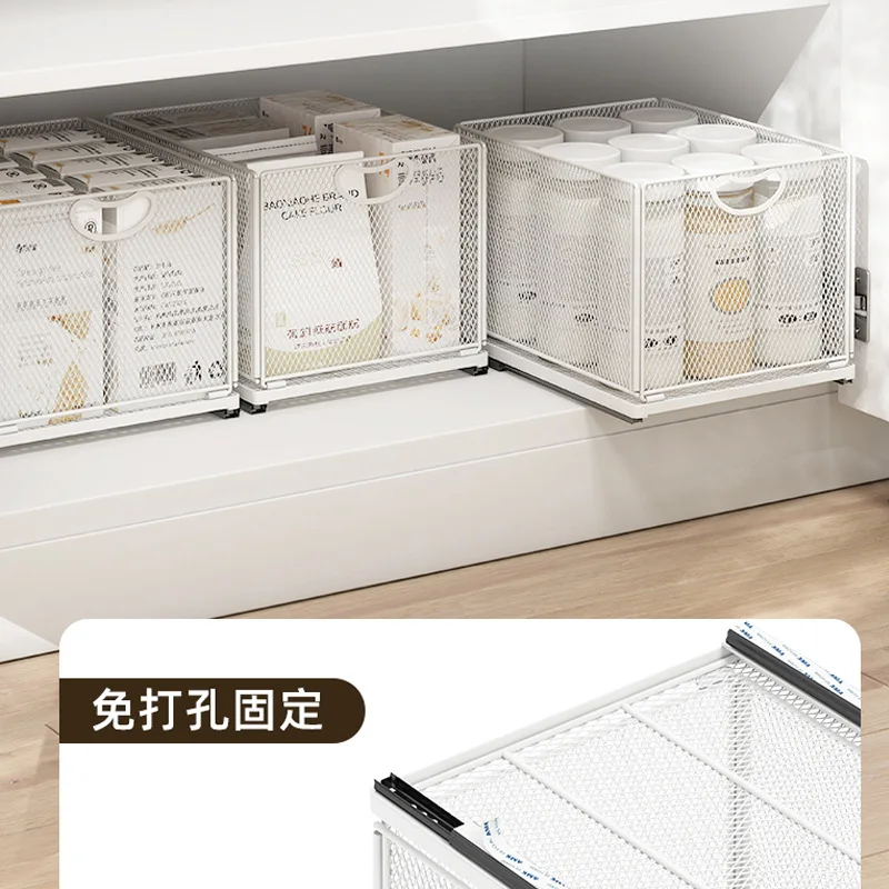 Kitchen Pull-Out Folding Storage Baskets, Spice Bottles and Jars, Shelves, Cabinet Inside Drawer Box