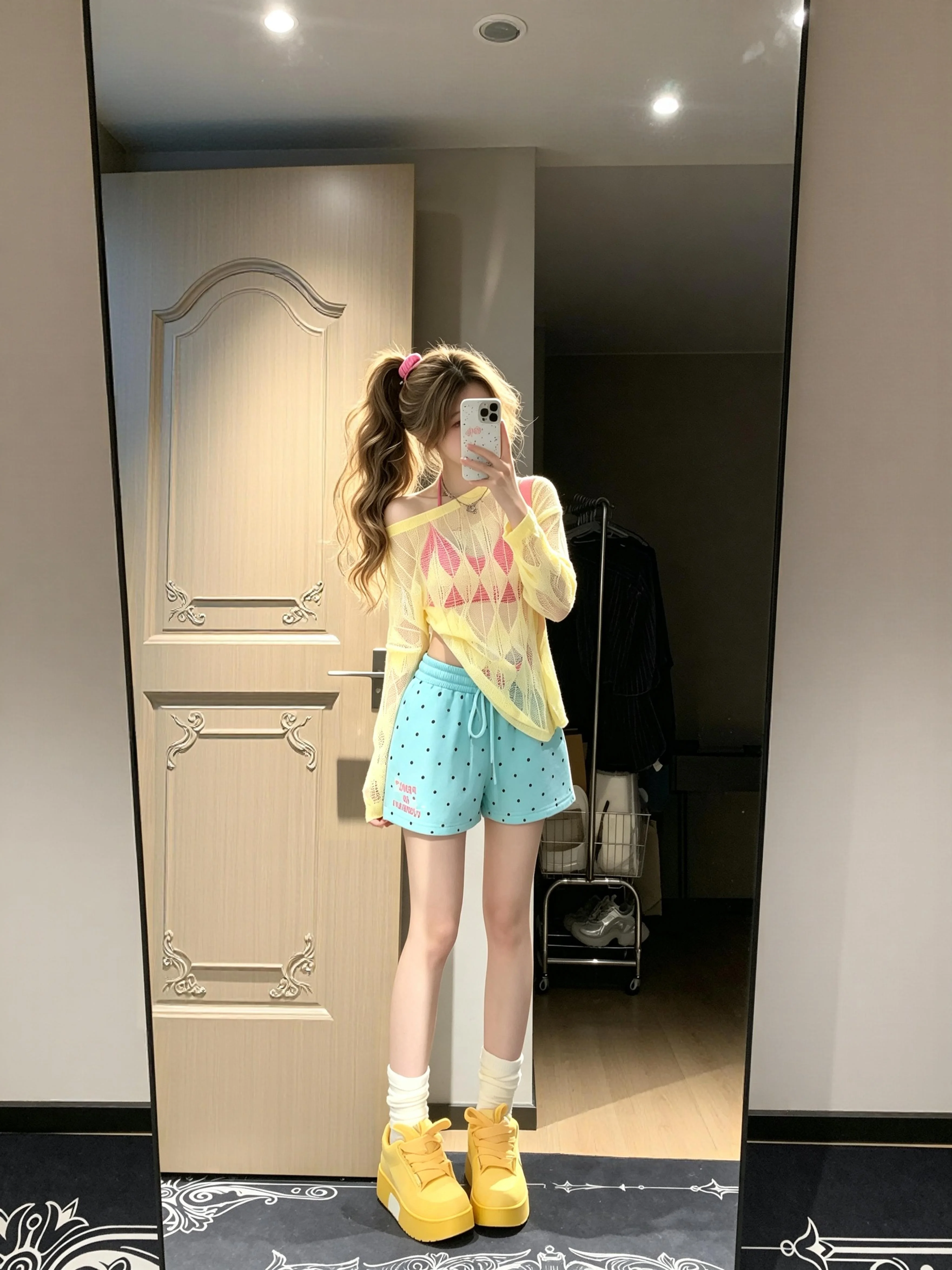 Dopamine Polka Dot Blue Shorts Women's High Waist A-Line Sleepwear Sporty Beach Three-Quarter Length Miniature Hot Pants