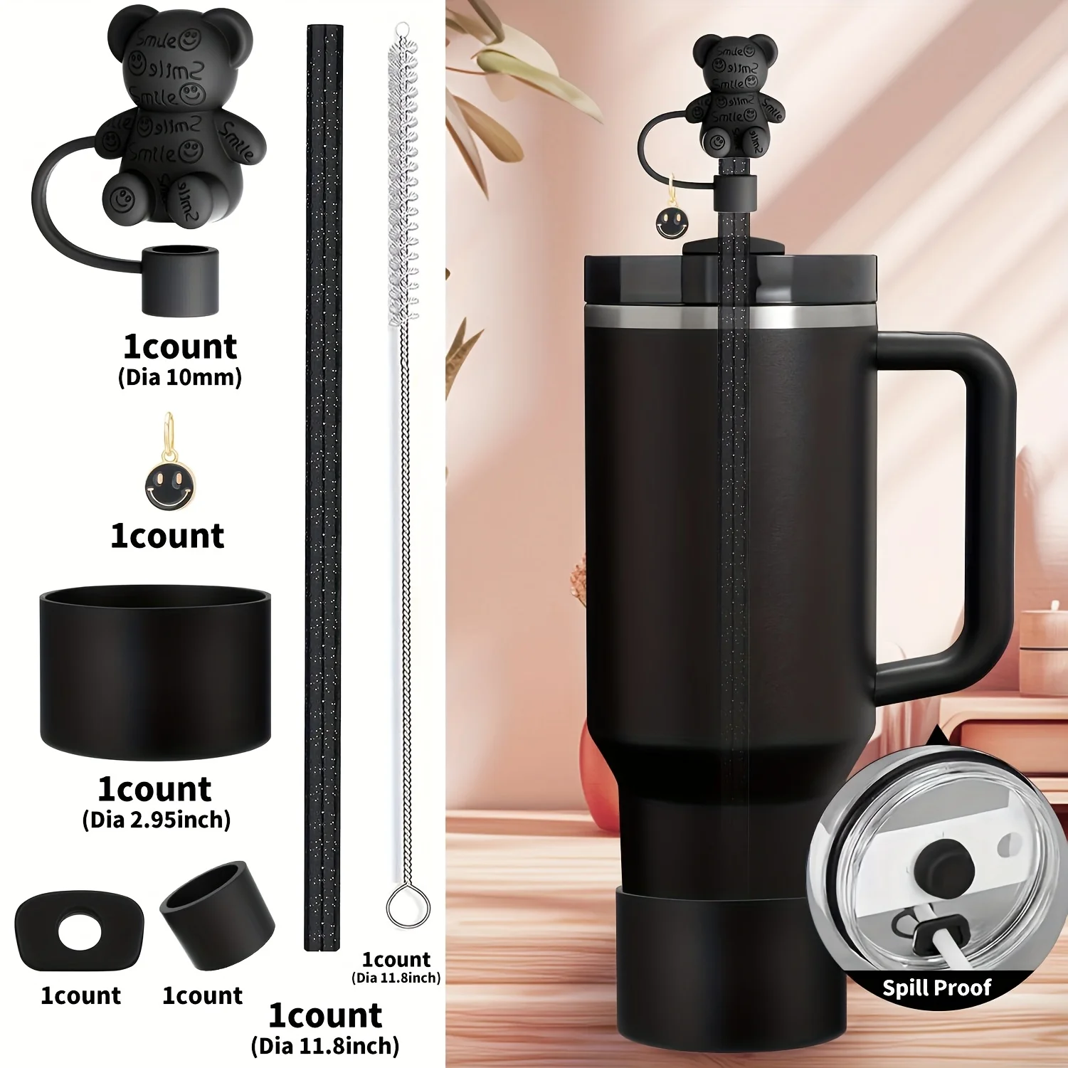 7pcs Accessories Set for 30 OZ and 40 OZ with Handle, Including Straw Topper Cover Cap and Boot, Spill Proof Stopper, smile Pend