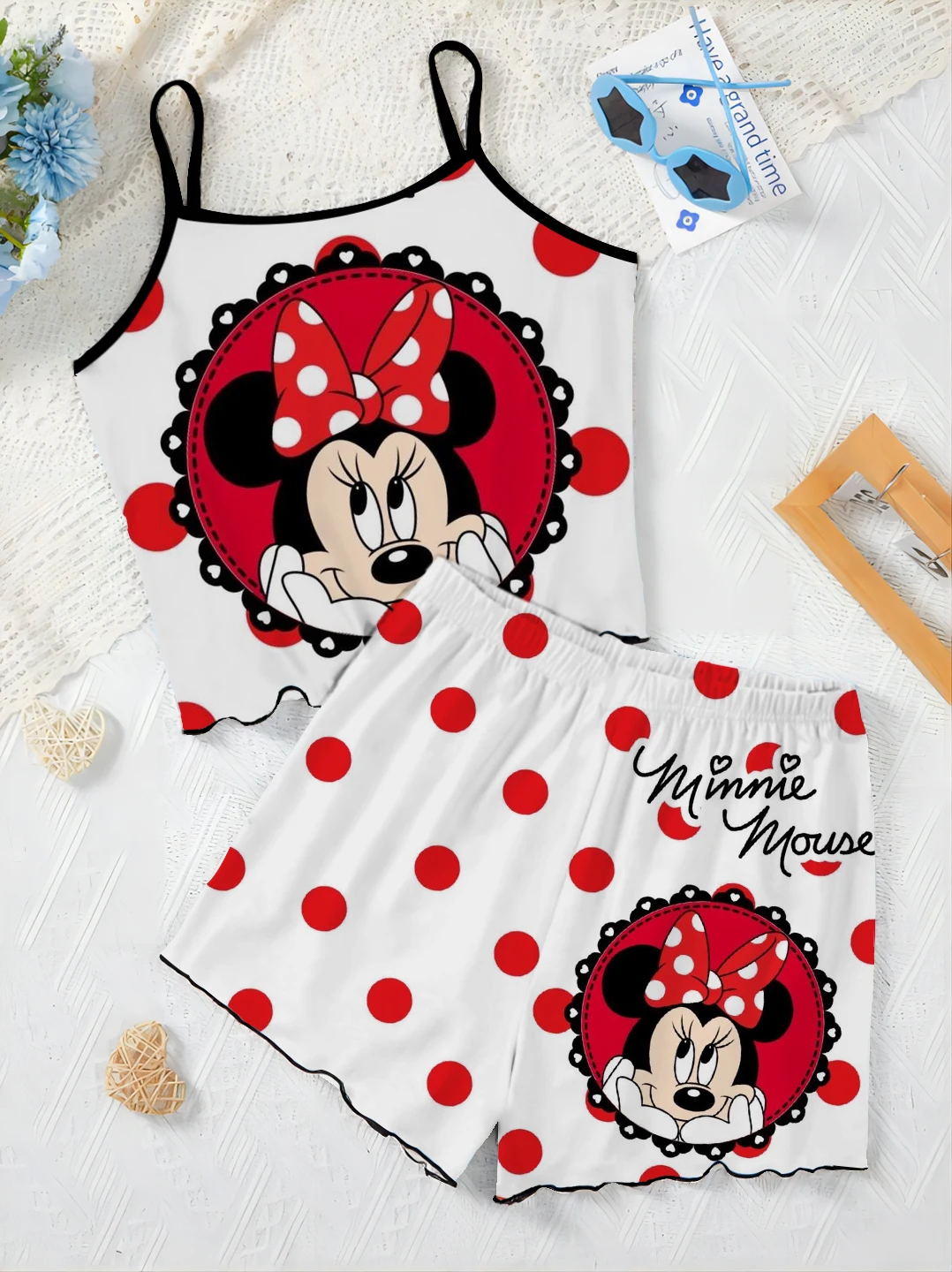 Top Disney Minnie Mouse Short Sets for Women 2 Pieces Lettuce Trim T-shirt Mickey Slip Dress Women\'s Suit Pajama Skirt Elegant