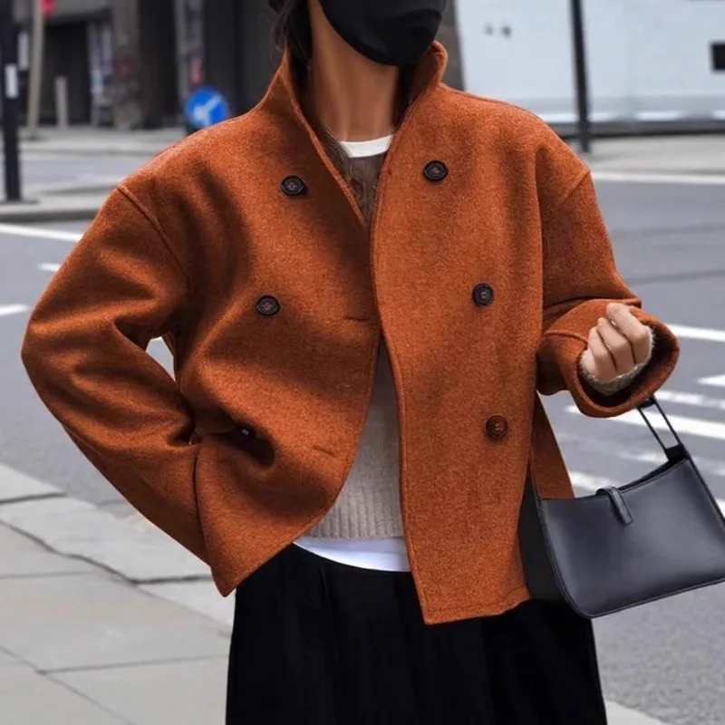 European Size Spot Women's Double Breasted Solid Color Woolen Coat Casual Temperament British Style Versatile Top Women