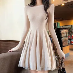 Zoki Spring New Knitted Dress Women Fashion Patchwork Mesh Pleated Dress Korean Elegant Slim High Waist Long Sleeve Party Dress