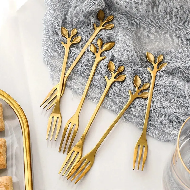 6Pcs Creative Stainless Steel Gold Flatware Fruit Fork Dinnerware Appetizer Snack Dessert Fork Kitchen Tableware Leaf Shape