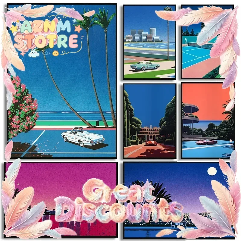 Retro Hiroshi Nagai Vaporwave Japanese Tropical Beach City Car Poster Wall Art Pictures Canvas Painting Nordic Room Home Deco