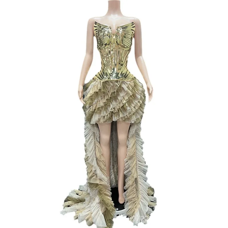 Gold Sequined Top Trailing Tutu Skirt Fashion Two-piece Birthday Party Light Luxury Dress Red Carpet Catwalk Luxury Prom Dresses