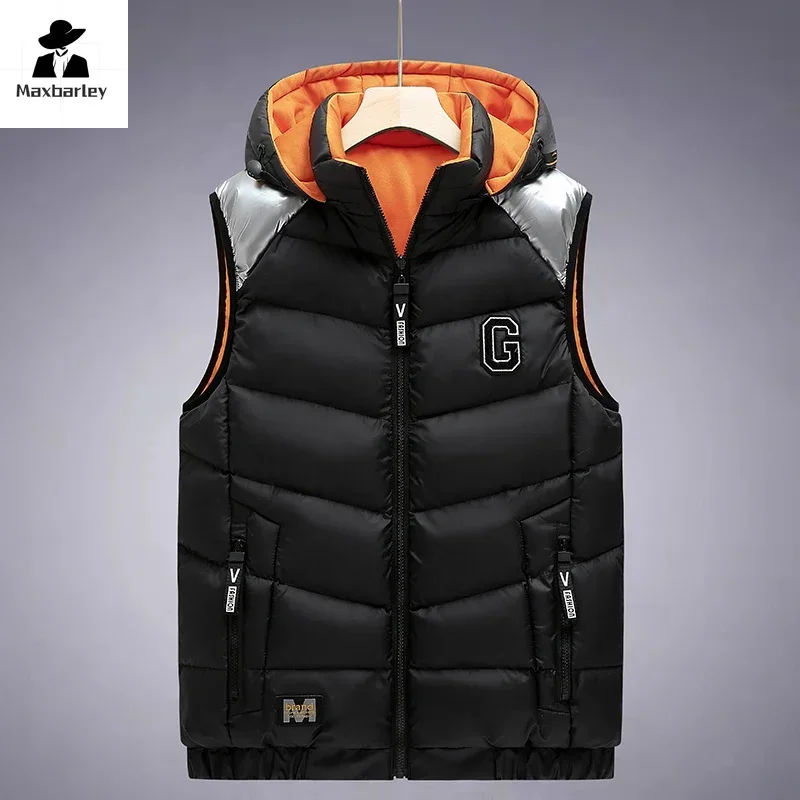 Winter Down Cotton Vest Men\'s 2024 New Fashion Thickened Double-sided Sleeveless Jacket Casual Windproof Warm Hooded Padded Coat