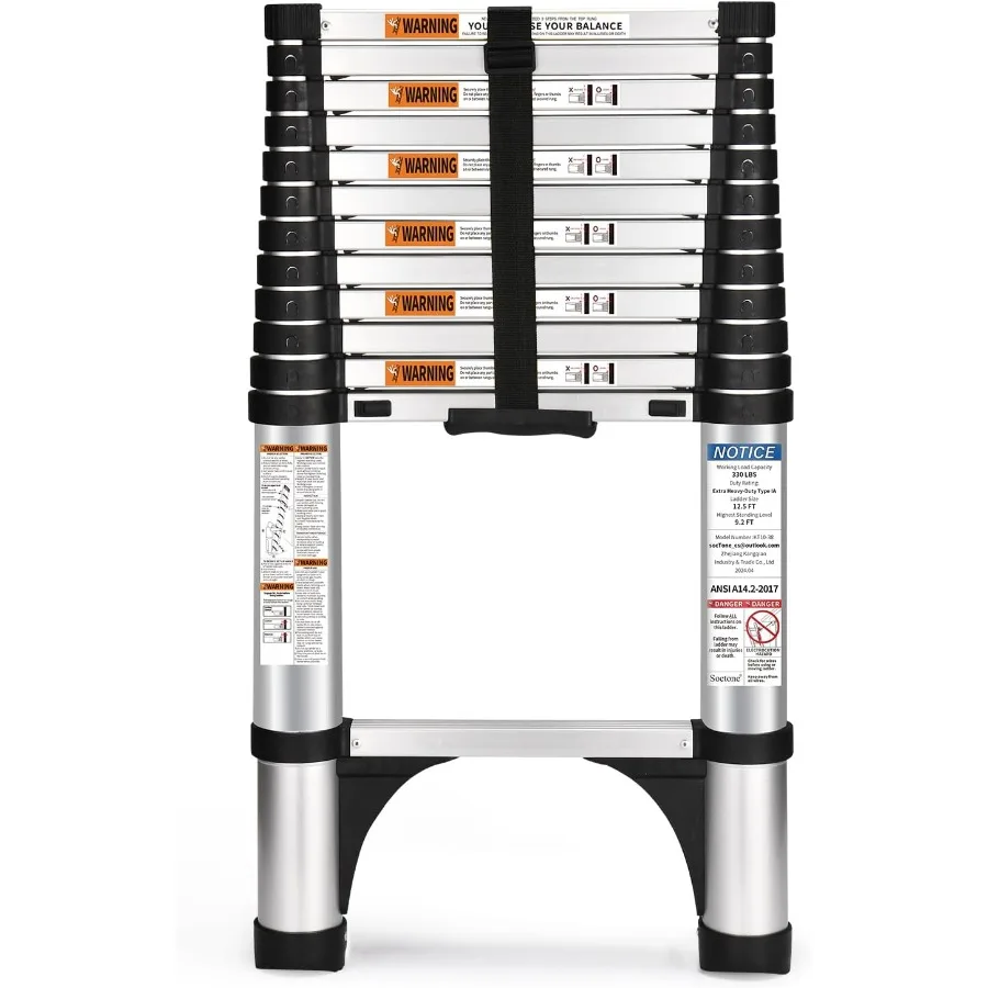 Telescoping Ladder 12.5 FT Aluminum Button Retraction Extension Ladder with 2 Triangle Stabilizers MultiPurpose Ladder with Slo
