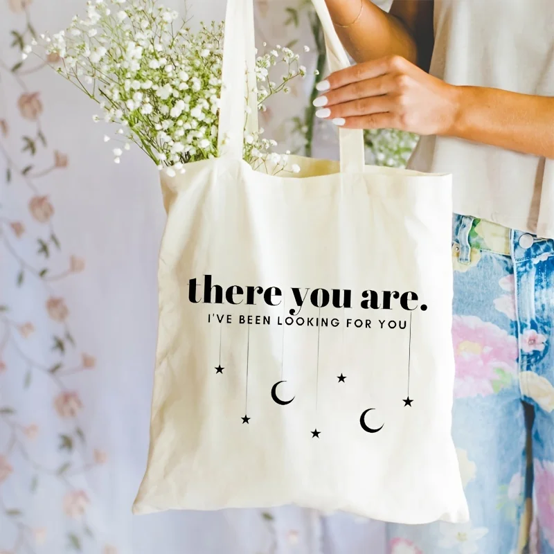 1pc Canvas Shopping Bag, Letter Print Portable Shoulder Bag, Trendy Large Capacity Tote Bag For Daily Life