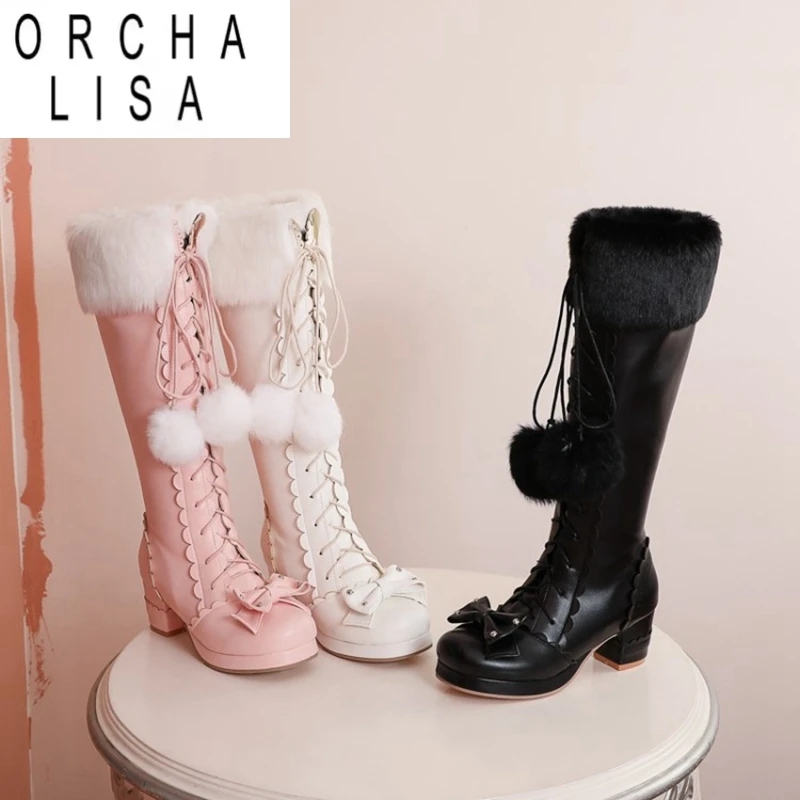 

ORCHA LISA/высокие сапоги в стиле Лолиты с меховым вырезом для девочек, вечерние туфли принцессы для косплея, обувь принцессы на шнуровке с галстуком-бабочкой, на массивном каблуке сбоку из искусственной кожи