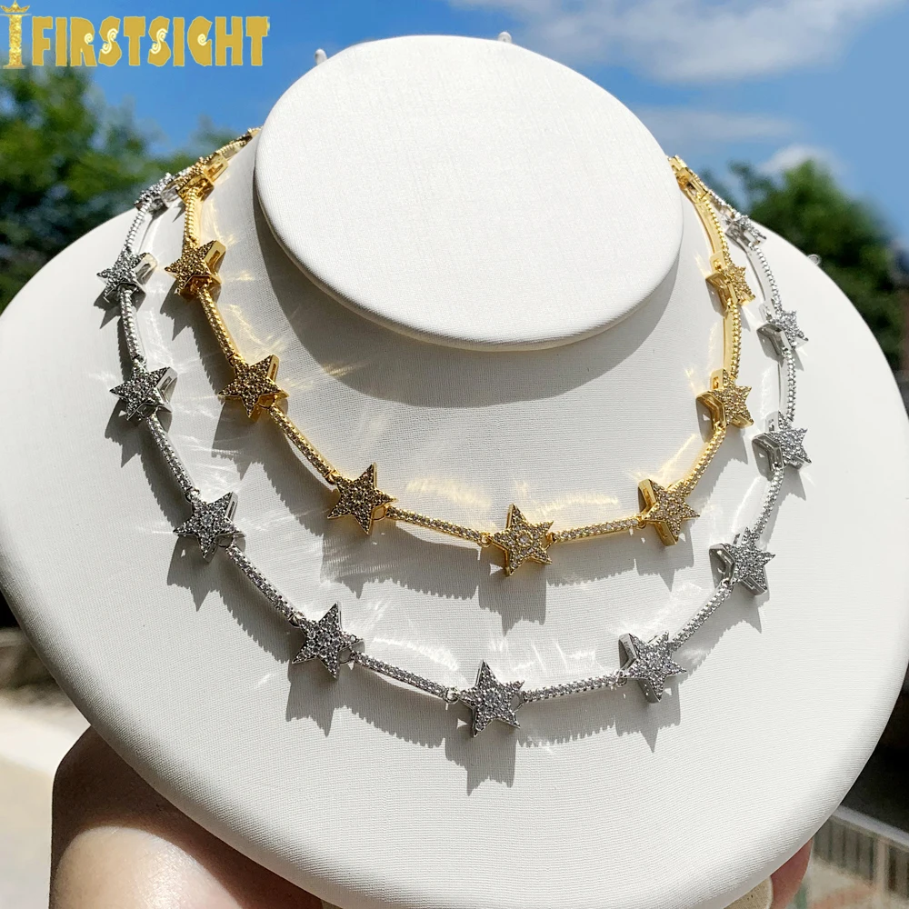 New Iced Out Star Bar Link Chain Necklace Tennis Chain Paved Tiny Sparking Shiny CZ Stone Charm Choker For Women Jewelry