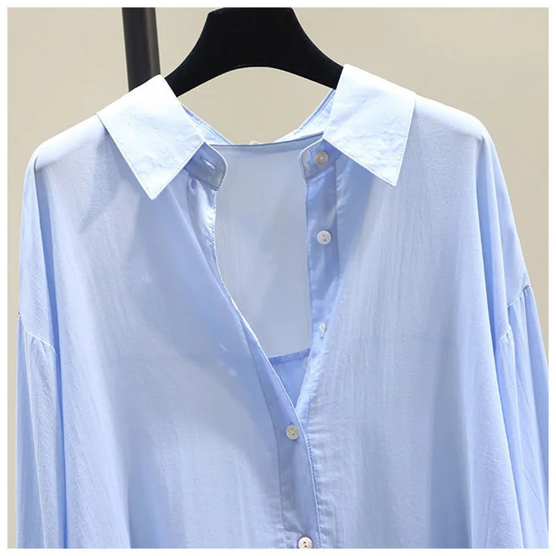 Women Clothing Casual Loose Solid Long Sleeve Shirts Summer Fashion All-match Turn-down Collar Thin Blouses Office Lady Tops