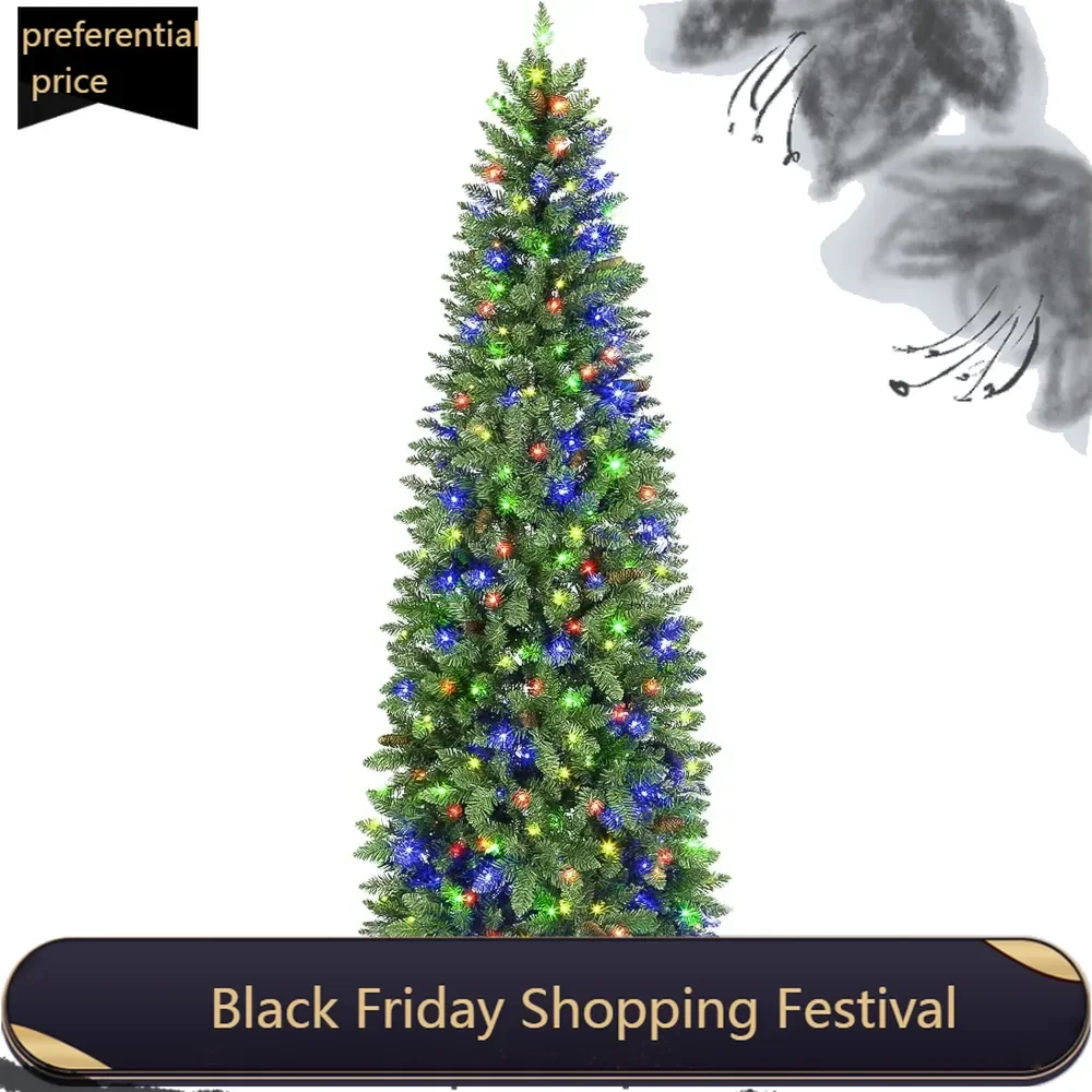 

6.5 ft Pencil Prelit Christmas Tree, Artificial Slim Christmas Tree with 200 Multicolor LED Lights, 544 Branch Tips