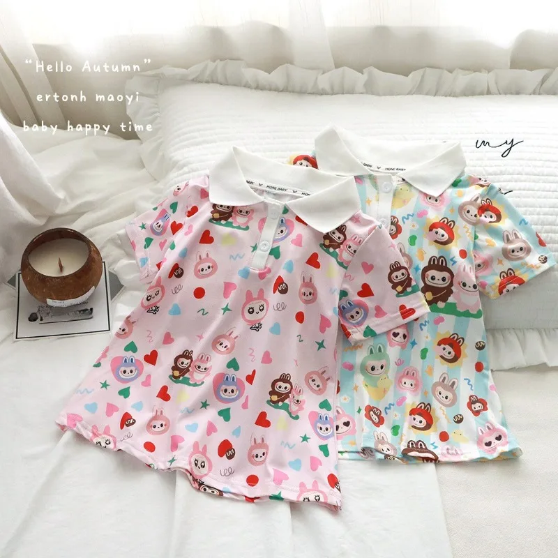 New 2025 Baby Girls Princess Dress Full Print Labubu Cute Short Sleeve Collar Dress Milk Silk Fabric Summer Casual Outfits