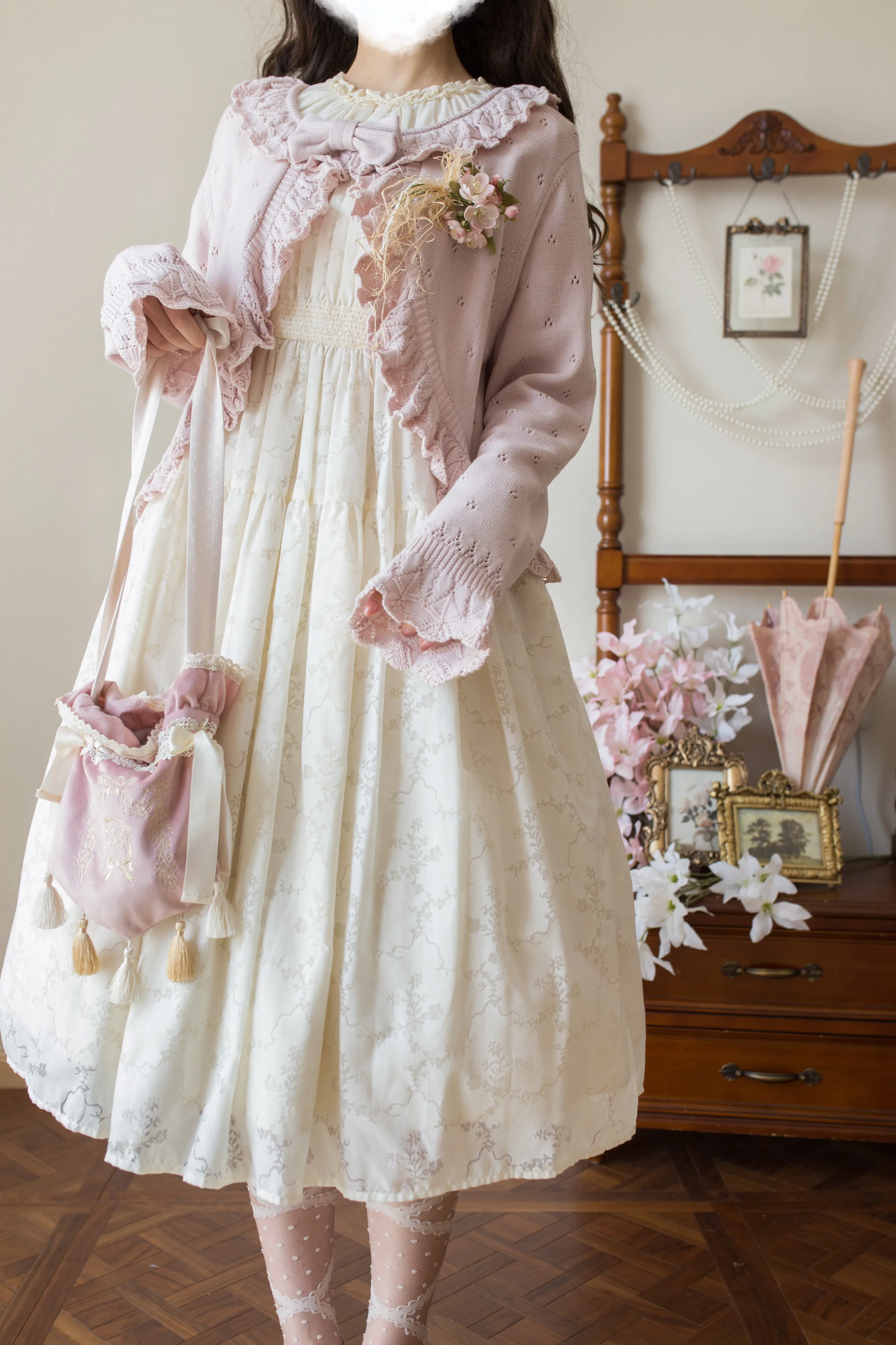 

Вязаный свитер с длинными рукавами в японском стиле Лолиты, милый свитер с бантом и рюшами по краям, кардиган Y2K, облегающее короткое пальто для женщин