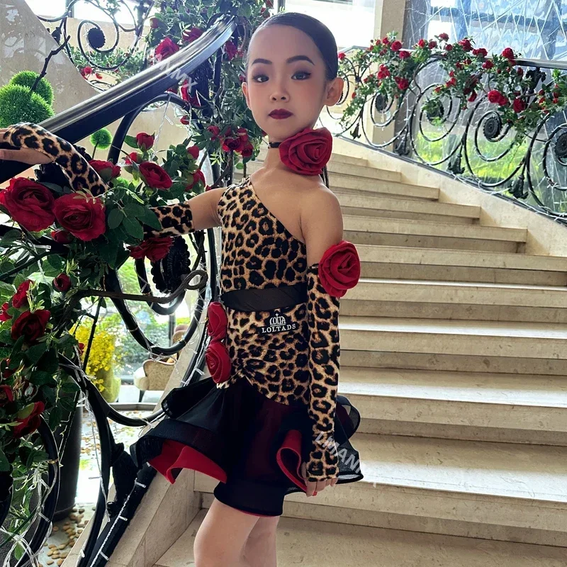 Sukienka do tańca latynoskiego Jedno ramię Leopard Sukienka do tańca latynoskiego Dziewczęca profesjonalna sukienka do tańca latynoskiego Salsa Wear — zdjęcie 4