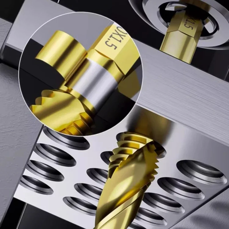 6pcs Self Tapping Titanium Plated Hexagonal Shank High-speed Steel Threaded Drill Bit, Spiral Metric Composite Tap Manual Tool