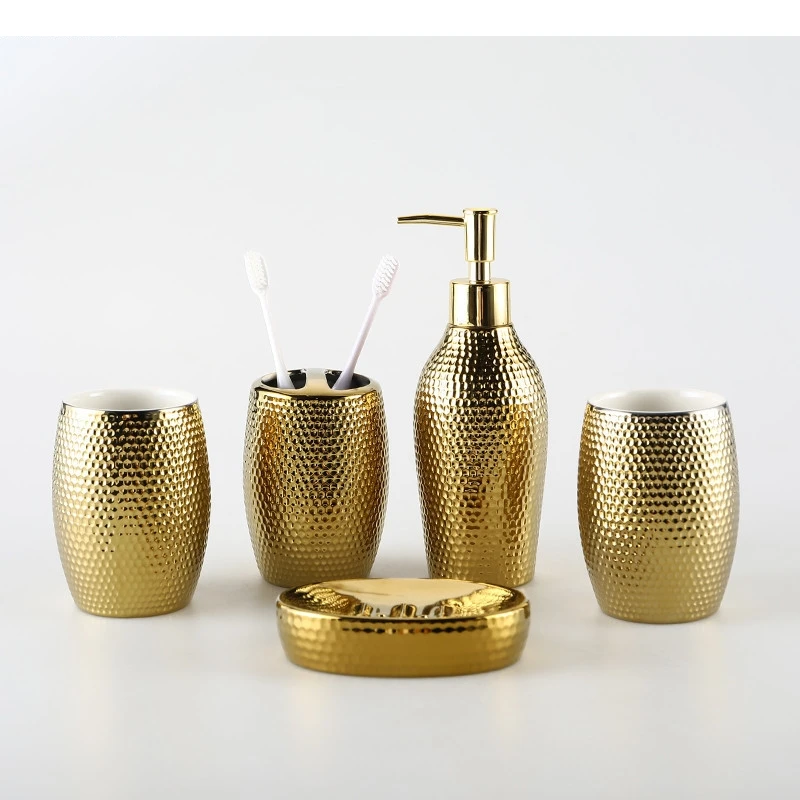 Golden Ceramic Wash Kit Hotel Hand Bottle Mouthwash Cup Soap Dispenser Dish Set Home Bathroom Accessories