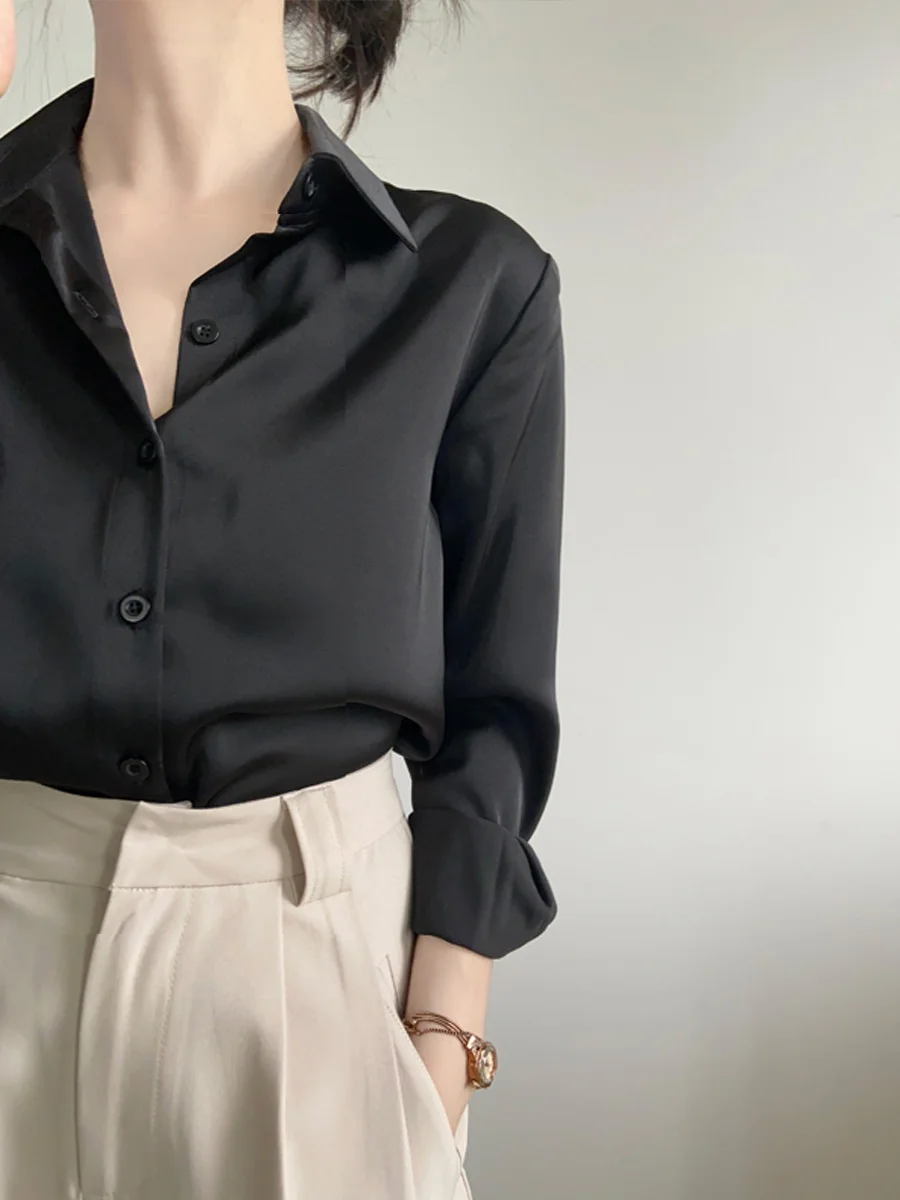 

Новинка 2024, женский черный шелковый дизайн irt для интервью, прямой крой, длинный воротник све, средней длины, корейский Sle