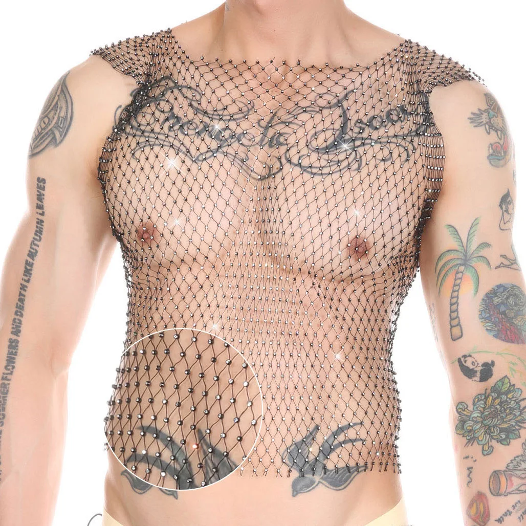 Men Rhinestone Tank Tops Sheer Mesh See Through Fishnet Glitter Sparkly Festival Crop Top Shirt Sexy Club Party Rave Outfit